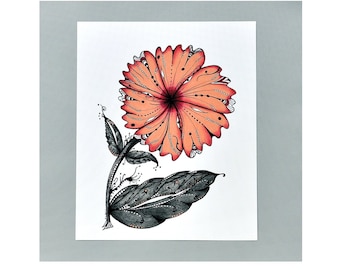 Botanical Art Giclee Print of Peach and Coral Flower, Unique Gardening Gift, Bright 8x10 Art Deco Inspired Pen and Ink Drawing