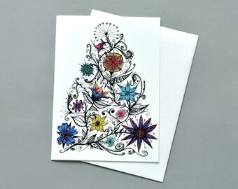 Fancy hibiscus bud and decorative leaves Wedding Invitation or Engagement Announcement Blank 5x7 art card Great for Mother/'s Day