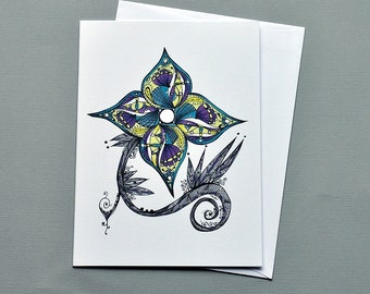 Fancy hibiscus bud and decorative leaves Wedding Invitation or Engagement Announcement Blank 5x7 art card Great for Mother/'s Day