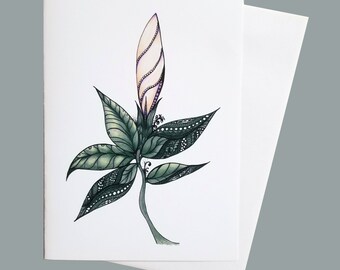 Fancy hibiscus bud and decorative leaves Wedding Invitation or Engagement Announcement Blank 5x7 art card Great for Mother/'s Day