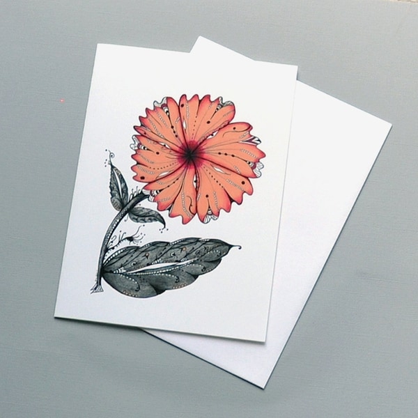 Peach Flower Card, Non Traditional Wedding Card, Happy Card, 5x7 Blank Botanical Art Greeting Card, Print of Original Drawing