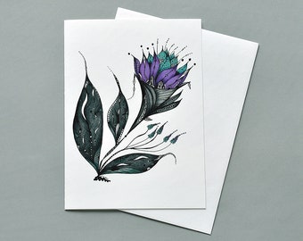 Whimsical Purple and Teal Flower Card, Botanical Art Print, 5x7 Pen and Ink Drawing, Blank Inside