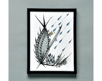 Framed Botanical Print Blue Succulent Wall Art, Desert Rain Flowers, Bath or Kitchen Pen and Ink/Colored Pencils 5x7 Hang or Stand