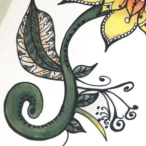 May include: A hand-drawn illustration of a sunflower with green leaves and a yellow and orange flower. The flower is drawn in a detailed, intricate style.