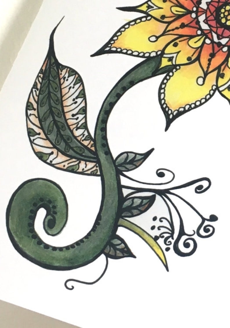 May include: A hand-drawn illustration of a sunflower with green leaves and a yellow and orange flower. The flower is drawn in a detailed, intricate style.