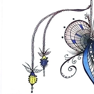 May include: A black and white illustration of a stylized floral design with blue, yellow, and purple accents. The design features a chain with two dangling charms, each with a yellow and purple flower.
