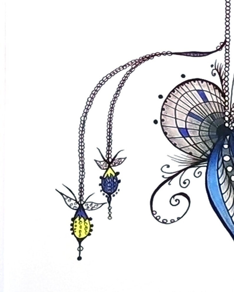 May include: A black and white illustration of a stylized floral design with blue, yellow, and purple accents. The design features a chain with two dangling charms, each with a yellow and purple flower.