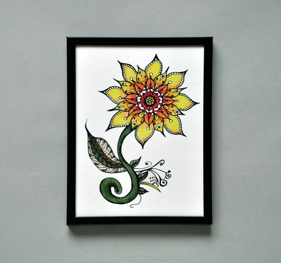 5x7 Framed Yellow Sunflower Wall Art, Botanical Print to Hang or Stand on Desk, Unique Handdrawn Pen and Ink Illustration