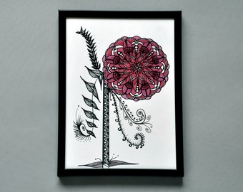 Framed 5x7 Botanical Wall or Desk Art, Pink Red Camellia Flower Picture, Unique Gardener Gift, Giclee Print for Office, Hang or Stand