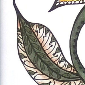 May include: A close-up of a green and brown leaf with a detailed pattern. The leaf is drawn in a stylized, almost abstract way, with a focus on the intricate details of the veins and edges.