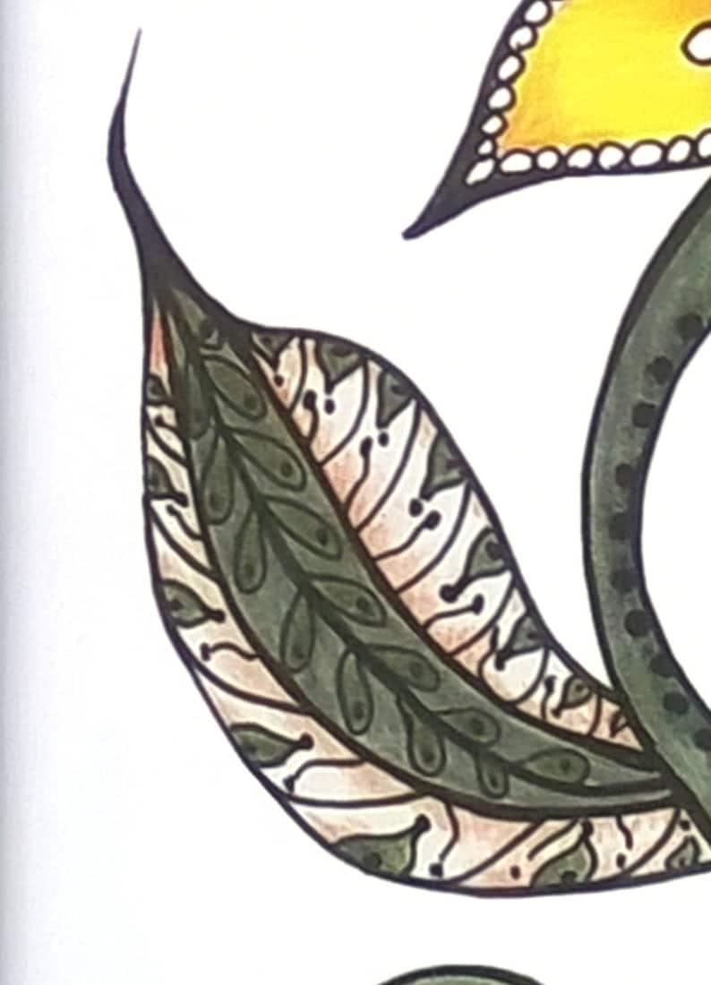 May include: A close-up of a green and brown leaf with a detailed pattern. The leaf is drawn in a stylized, almost abstract way, with a focus on the intricate details of the veins and edges.