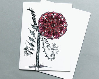 Camellia Garden Art Greeting Card, Botanical Print Red and Pink Flower, Special Occasion/Farewell/Anniversary, Pen and Ink Drawing Blank 5x7