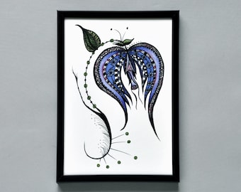Wall Art, Framed Botanical Print of Unusual Blue Flower, 5x7 Handmade Pen/Ink/Colored Pencil Drawing, Art Deco Inspired Housewarming Gift