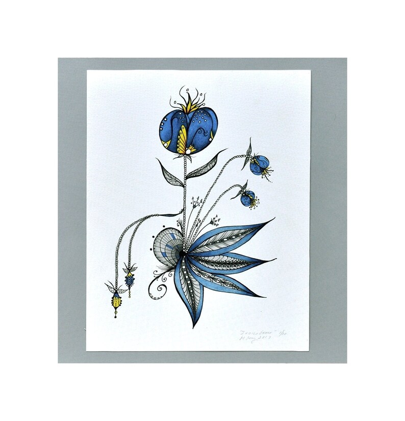 May include: A blue and yellow abstract floral illustration with intricate details. The artwork is signed and dated "Francis Jeanne, 2017".