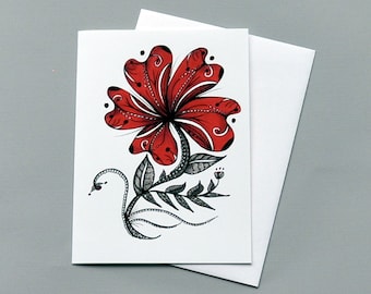 Red Flower Botanical Print Anniversary/Congratulations/Thank You 5x7 Blank Notecard, Unique and Unusual Handmade Pen and Ink Drawing