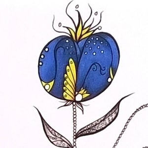 May include: A blue and yellow abstract flower with a black outline. The flower has a round center with a yellow and white design. The stem is black with a white beaded design and two leaves with a black and white pattern.
