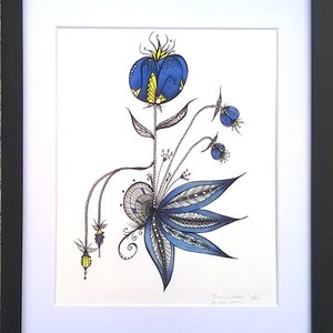 May include: A framed black and white ink drawing of a stylized blue flower with yellow accents. The drawing is on white paper and is signed "Joanie Jones" in the bottom right corner.