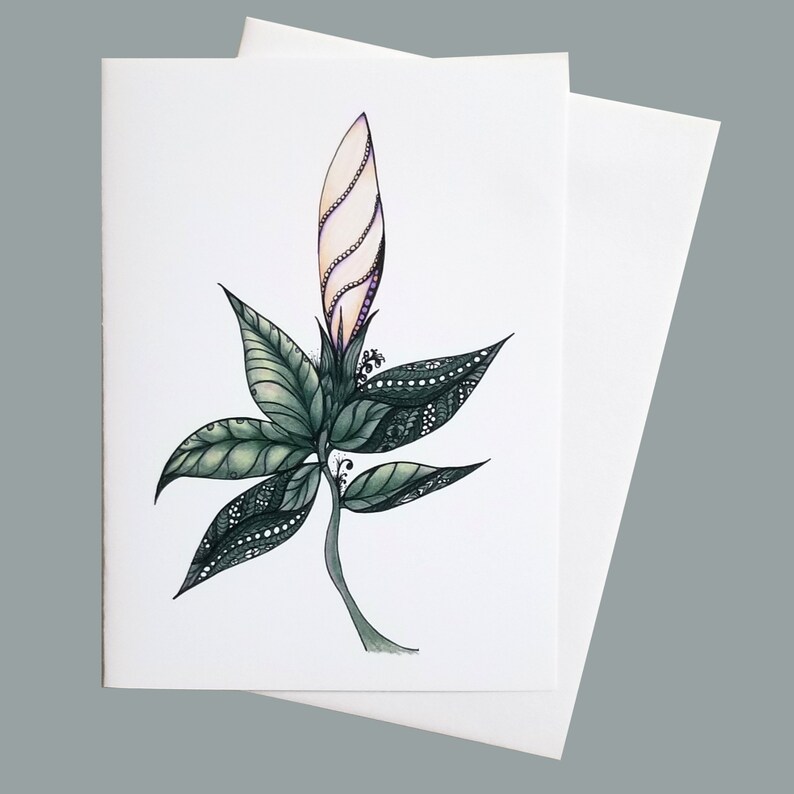 Fancy hibiscus bud and decorative leaves Wedding Invitation or Engagement Announcement Blank 5x7 art card Great for Mother/'s Day