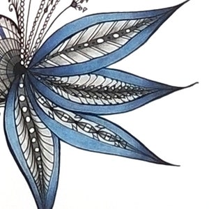 May include: A blue and black detailed floral design with intricate patterns and white dots.