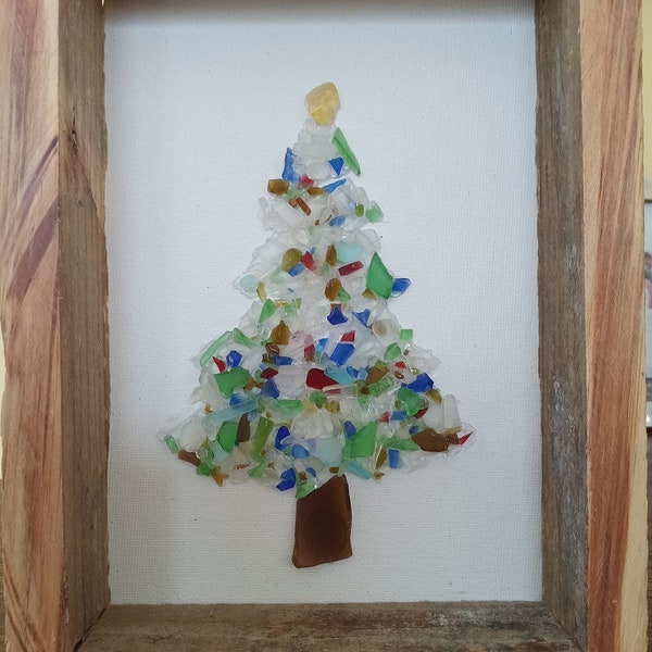 Vintage Seaglass handmade Christmas tree in handmade wood frame, from Maine