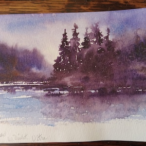 Vintage original watercolor painting of trees and lake 5 x 7&quot;