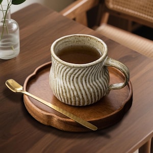 Handmade Ribbed Stoneware Coffee Mug: Rustic Speckled Ceramic Cup