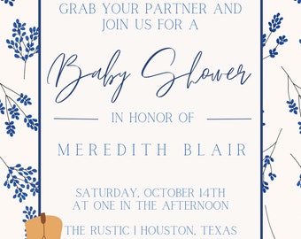 Bluebonnet baby shower invitation, cowgirl invitation, cowboy baby shower, cute custom shower invite