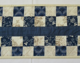 Blue & Cream Patchwork Quilted Table Runner: 30x10 in Centerpiece