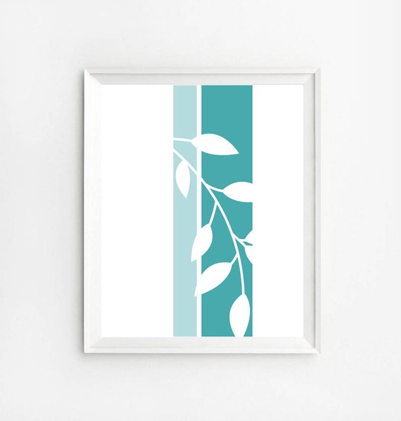 Teal Blue Wall Decor Art Printable Aqua Turquoise Abstract Leaves Print Accent Geometric