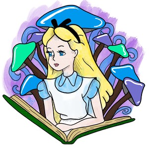 Puede incluir: Una ilustraci&oacute;n de dibujos animados de Alicia en el Pa&iacute;s de las Maravillas sentada en un libro abierto con una cubierta verde. Est&aacute; rodeada de setas de colores con tapas moradas, azules y verdes. El fondo es una acuarela de morado y azul.