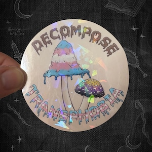 Puede incluir: Una pegatina redonda y holográfica con dos setas estilizadas. La seta más grande tiene un sombrero azul, rosa y blanco, con el texto "DECOMPOSE" encima. El texto "TRANSPHOBIA" está debajo, con un efecto de goteo.