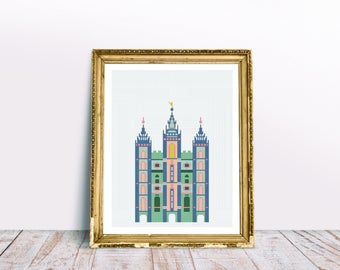 COLORFUL Salt Lake City LDS Temple - Modern Cross Stitch Pattern PDF - Instant Download
