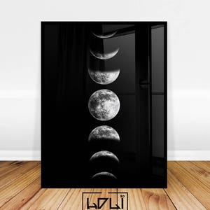 Moon Phases Print, Moon Phase Wall Art, Printable Moon Poster, Phases of the Moon Art Print, Moon Decor, Black and White, Digital Download image 1