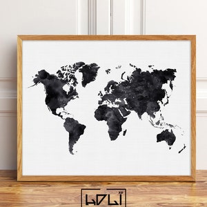 Extra Große Weltkarte, schwarz weiß Poster, Weltkarte Print, schwarze Wand Dekoration Schlafzimmer große Wandkarte der Welt, Karten-Download