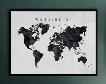 Wanderlust Art, World Map Wall Art, Black and White World Map Print, Wall Decor Bedroom, Map of the World, Printable World Map Travel Poster