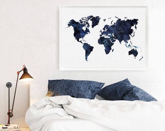 Watercolor World Map Print, Navy Blue Wall Art Print, Bedroom Decor, Travel Theme, Large Map of the World Digital Download, Printable Poster