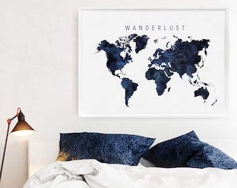 Blue World Map Printable, Watercolour World Map Print, Navy Blue Print Art Blue World Map Print Map Of The World, Digital Map Print Download