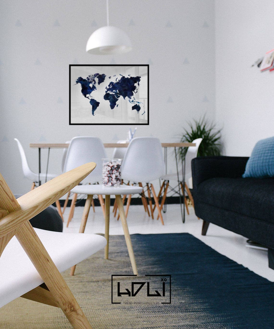 Watercolor World Map Print, Navy Blue Wall Art Print, Bedroom Decor ...