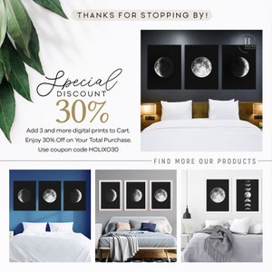 May include: Three black and white moon phase prints with a 30% off discount offer. Add 3 or more prints to your cart and use code HOLIXO30 for the discount.