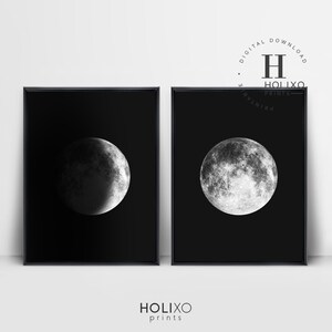 May include: Two black and white prints of the moon in different phases. The first print shows a crescent moon, while the second print shows a full moon.