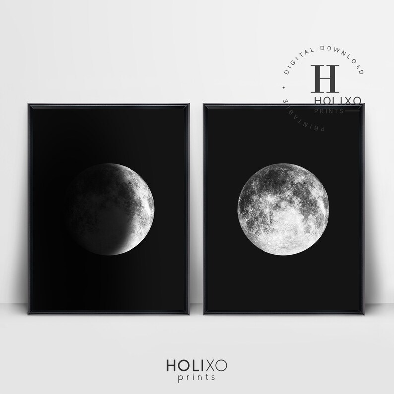 May include: Two black and white prints of the moon in different phases. The first print shows a crescent moon, while the second print shows a full moon.