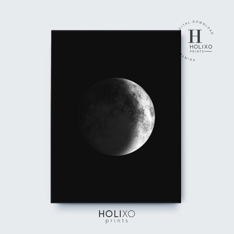 May include: A black and white digital print of a crescent moon on a black background. The print is titled "HOLIXO prints".