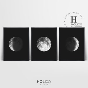 Puede incluir: Conjunto de tres impresiones de arte imprimibles en blanco y negro que muestran diferentes fases de la luna. La luna se representa en un estilo realista con cráteres y sombras.