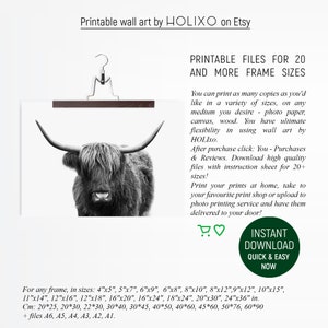 Pode incluir: Arte de parede imprim&iacute;vel em preto e branco com uma vaca das terras altas e um gancho para pendurar. O texto "Arquivos imprim&iacute;veis para 20 e mais tamanhos de moldura" est&aacute; na parte superior da imagem. O texto "Download instant&acirc;neo R&aacute;pido e f&aacute;cil Agora" est&aacute; em um c&iacute;rculo verde na parte inferior da imagem. O texto "Para qualquer moldura, nos tamanhos: 4"x5", 5"x7", 6"x9", 6"x8", 8"x10", 8"x12", 9"x12", 10"x15", 11"x14", 12"x16", 12"x18", 16"x20", 16"x24", 18"x24", 20"x30", 24"x36" pol. Cm: 20*25, 20*30, 22*30, 30*40, 30*45, 40*50, 40*60, 45*60, 50*76, 60*90 + arquivos A6, A5, A4, A3, A2, A1." est&aacute; na parte inferior da imagem.