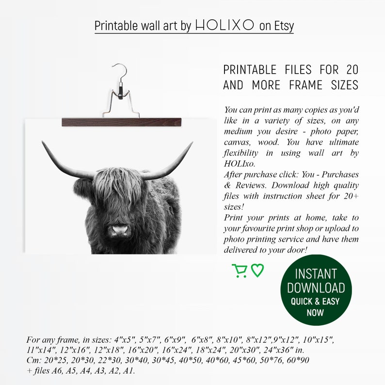 Pode incluir: Arte de parede imprim&iacute;vel em preto e branco com uma vaca das terras altas e um gancho para pendurar. O texto "Arquivos imprim&iacute;veis para 20 e mais tamanhos de moldura" est&aacute; na parte superior da imagem. O texto "Download instant&acirc;neo R&aacute;pido e f&aacute;cil Agora" est&aacute; em um c&iacute;rculo verde na parte inferior da imagem. O texto "Para qualquer moldura, nos tamanhos: 4"x5", 5"x7", 6"x9", 6"x8", 8"x10", 8"x12", 9"x12", 10"x15", 11"x14", 12"x16", 12"x18", 16"x20", 16"x24", 18"x24", 20"x30", 24"x36" pol. Cm: 20*25, 20*30, 22*30, 30*40, 30*45, 40*50, 40*60, 45*60, 50*76, 60*90 + arquivos A6, A5, A4, A3, A2, A1." est&aacute; na parte inferior da imagem.