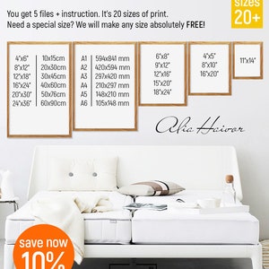Puede incluir: Un marco de cama blanco con un colch&oacute;n blanco y una manta blanca. La cama est&aacute; en una habitaci&oacute;n con una pared blanca y un suelo de madera. El texto "save now 10%" est&aacute; en naranja sobre un c&iacute;rculo blanco. El texto "HOLIxo" est&aacute; en negro sobre un fondo blanco. El texto "Alia Haivor" est&aacute; en negro cursivo sobre un fondo blanco. El texto "sizes 20+" est&aacute; en negro sobre un fondo blanco. El texto "You get 5 files + instruction. It's 20 sizes of print. Need a special size? We will make any size absolutely FREE!" est&aacute; en negro sobre un fondo blanco. El texto "4"x6" 10x15cm A1 594x841 mm 6"x8" 4"x5" 11"x14" 8"x12" 20x30cm A2 420x594 mm 9"x12" 8"x10" 12"x18" 30x45cm A3 297x420 mm 12"x16" 16"x20" 16"x24" 40x60cm A4 210x297 mm 15"x20" 20"x30" 50x76cm A5 148x210 mm 18"x24" 24"x36" 60x90cm A6 105x148 mm" est&aacute; en negro sobre un fondo blanco.