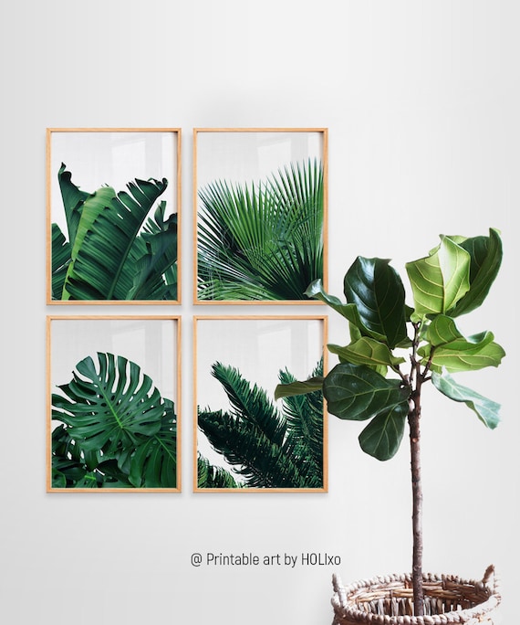 Impresión de hoja, conjunto de impresión botánica, impresión de hoja tropical, hoja de palma impresión banana hoja arte, hojas verdes imprimir arte de pared botánica, imprimible