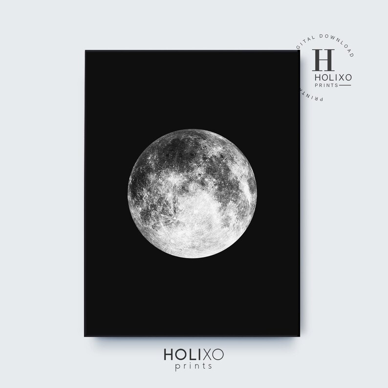 May include: A black and white image of the moon on a black background. The moon is full and has a detailed surface.