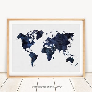 Blaue Weltkarte druckbare, Aquarell Weltkarte Druck, marineblaue Druckkunst, blaue Weltkarte Druck, Weltkarte, digitale Karte Druck