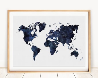 Blue World Map Printable, Watercolour World Map Print, Navy Blue Print Art, Blue World Map Print, Map Of The World, Digital Map Print